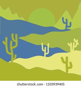 Nice for a textile print, product packaging and home decor. Soft and pretty. Vector pattern with cactus plants in a tossed pattern. Vector illustration. Green, yellow and blue colors.