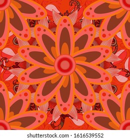 In nice textile style on brown, pink and orange colors. Vector illustration. Floral seamless pattern with watercolor flowers.