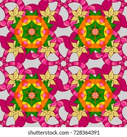 In nice textile style on gray, magenta and green colors. Floral seamless pattern with watercolor flowers. Vector illustration.