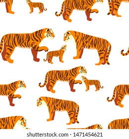 Nice tiger family. Seamless pattern of wild cats. Orange tiger walking.