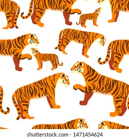 Nice tiger family. Seamless pattern of wild cats. Orange tiger walking.