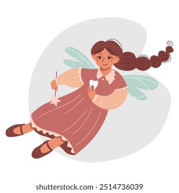 Nice tooth fairy flying. Cute fantasy girl with a wings in a dress. Vectir cartoon character for kids.