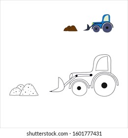 Nice tractor with an colored example. Coloring book for children. Machine isolated on a white background. Vector hand drawn illustration