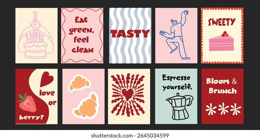 Nice Trendy summer designs combining fun typography with delicious produce – strawberries, tomatoes, broccoli, and more – ideal for social media or poster templates.

