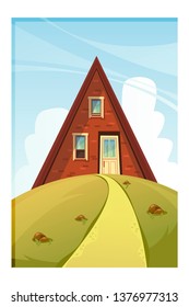 Nice triangular house on the hill. Vector cartoon illustration.