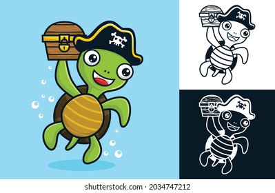 Nice turtle wearing pirate hat holding treasure chest. Vector cartoon illustration in flat icon style