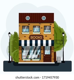 A nice two-story bookstore. Flat vector illustration of a brick building with a European striped canopy, street lights and green trees. An illustration in mu with a large display case filled with