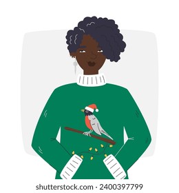 Nice ugly sweater with robin bird. Pensive female christmas character design. Cool african american girl portrait. Personage with afro haircut hand drawn flat vector illustration isolated on white