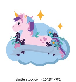 nice unicorn seating in the cloud with ribbon and flowers