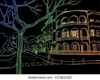 Nice urban landscape. Hand drawn sketch. Line art. Ink drawing. Tel Aviv, Israel. Colorful vector illustration on black background. Without people.

