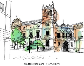 Nice urban line sketch with landscape of the old European city. Old street in hand drawn style on background watercolor