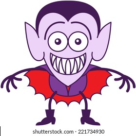 Nice vampire in minimalist style with pointy ears, sharp fangs, hairstyle and red cape while smiling and showing his teeth in an embarrassed mood