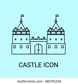 Nice vector black castle outline icon on blue background
