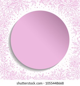 Nice vector card for holiday with arabesques and snowflakes. Pink greeting card. Pattern with snowflakes