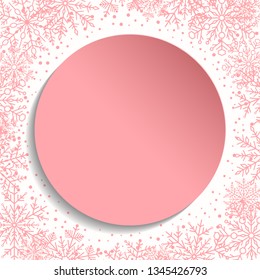 Nice vector card for holiday with arabesques and snowflakes. Fine greeting card. Pattern with pink snowflakes