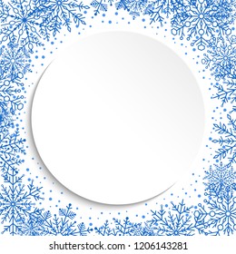 Nice vector card for holiday with blue arabesques and snowflakes. Fine greeting card. Pattern with snowflakes