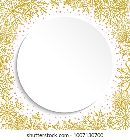 Nice vector card for holiday with golden arabesques and snowflakes. Fine greeting card. Pattern with snowflakes
