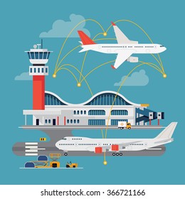 Nice vector concept layout on airport in trendy flat design. Travel by airways. Airport terminal with control tower, airplanes, runway and more