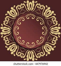 Nice vector frame with floral elements and arabesques. Fine greeting card. Brown and golden pattern