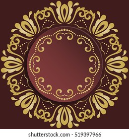 Nice vector frame with floral elements and arabesques. Brown and golden greeting card