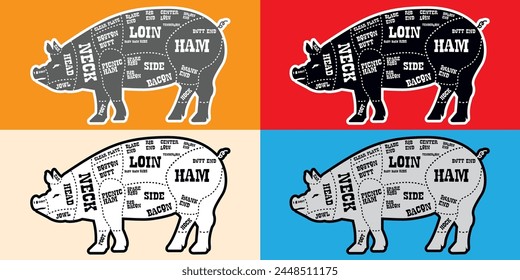 Eine schöne Vektorgrafik-Grafik für ein Restaurant oder Metzgerei der Fleischstücke auf einem Schwein.