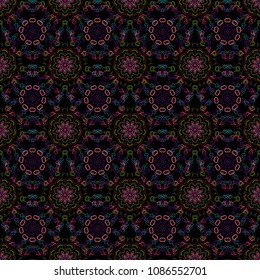 Nice vector hand-drawn illustration. Elegant brown, green and purple seamless pattern with floral and Mandala elements.