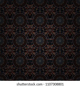 Nice vector hand-drawn illustration. Elegant red, blue and brown seamless pattern with floral and Mandala elements.