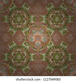 Nice vector hand-drawn illustration. Elegant beige, green and brown seamless pattern with and Mandala elements.