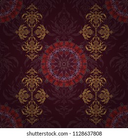 Nice vector hand-drawn illustration. Elegant red, orange and brown seamless pattern with and Mandala elements.