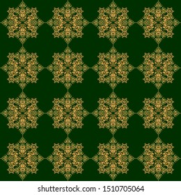 Nice vector hand-drawn illustration. Elegant golden and green seamless pattern with and Mandala elements.