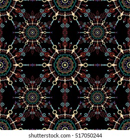 Nice vector hand-drawn illustration. Elegant orange, green and blue seamless pattern with floral and Mandala elements.