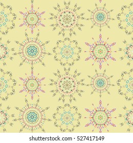 Nice vector hand-drawn illustration. Elegant green, neutral and gray seamless pattern with floral and Mandala elements.
