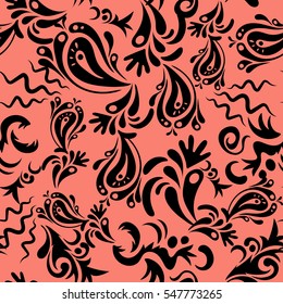 Nice vector hand-drawn illustration. Elegant pink and black seamless pattern with floral and Mandala elements.