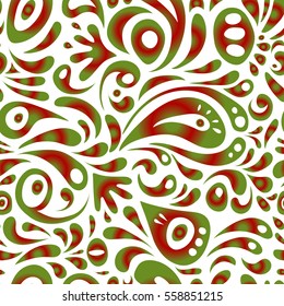 Nice vector hand-drawn illustration. Elegant green and red seamless pattern with floral and Mandala elements.
