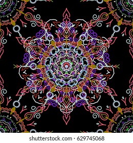 Nice vector hand-drawn illustration. Elegant green and pink seamless pattern with and Mandala elements.