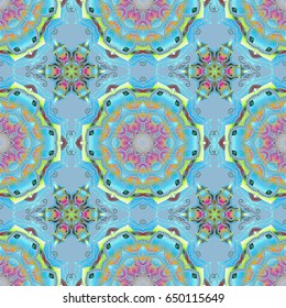 Nice vector hand-drawn illustration. Elegant blue and gray seamless pattern with and Mandala elements.