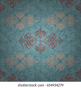 Nice vector hand-drawn illustration. Elegant blue and orange seamless pattern with and Mandala elements.