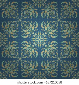 Nice vector hand-drawn illustration. Elegant blue and beige seamless pattern with and Mandala elements.