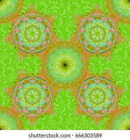 Nice vector hand-drawn illustration. Elegant pink and green seamless pattern with and Mandala elements.