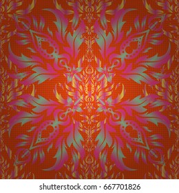 Nice vector hand-drawn illustration. Elegant orange, pink and yellow seamless pattern with floral and Mandala elements.