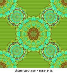 Nice vector hand-drawn illustration. Elegant blue, brown and green seamless pattern with and Mandala elements.