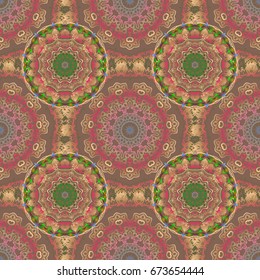 Nice vector hand-drawn illustration. Elegant red, pink and green seamless pattern with and Mandala elements.