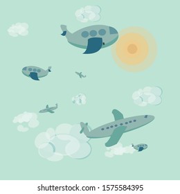nice vector illustration of blue sky and a lot of cute planes on it. clouds and sun
