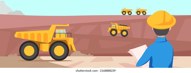 Nice vector illustration of mining in cartoon style. Male engineer with papers directs large dump trucks with ore. Import and export of goods logistics service.