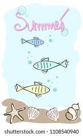 Nice vector illustration with "Summer" text. Wildlife. Fish, starfish and seashells in the blue ocean. Soft colors.