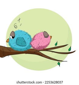 Bonita ilustración vectorial de dos pequeños pájaros enojados en una rama de árbol con una gran luna en el fondo