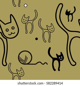 Nice Vector Pattern Design With Cute Hand Drawn Cats. Warm Background, Black Outline, Different Size Balls. EPS 10