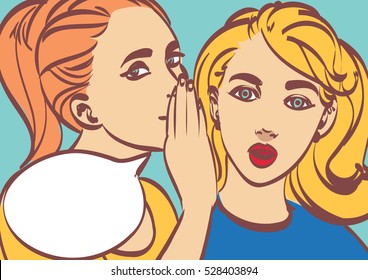 ilustración retro de arte pop vectorial agradable. Mujer susurrando chismes o secreto a su amigo. Burbuja del discurso. Eps 10