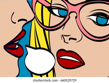 nice vector pop art retro comic  illustration. Woman whispering gossip or secret to her friend. Speech bubble. Eps 10