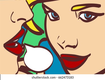 ilustración retro de arte pop vectorial agradable. Mujer susurrando chismes o secreto a su amigo. Burbuja del discurso. Eps 10